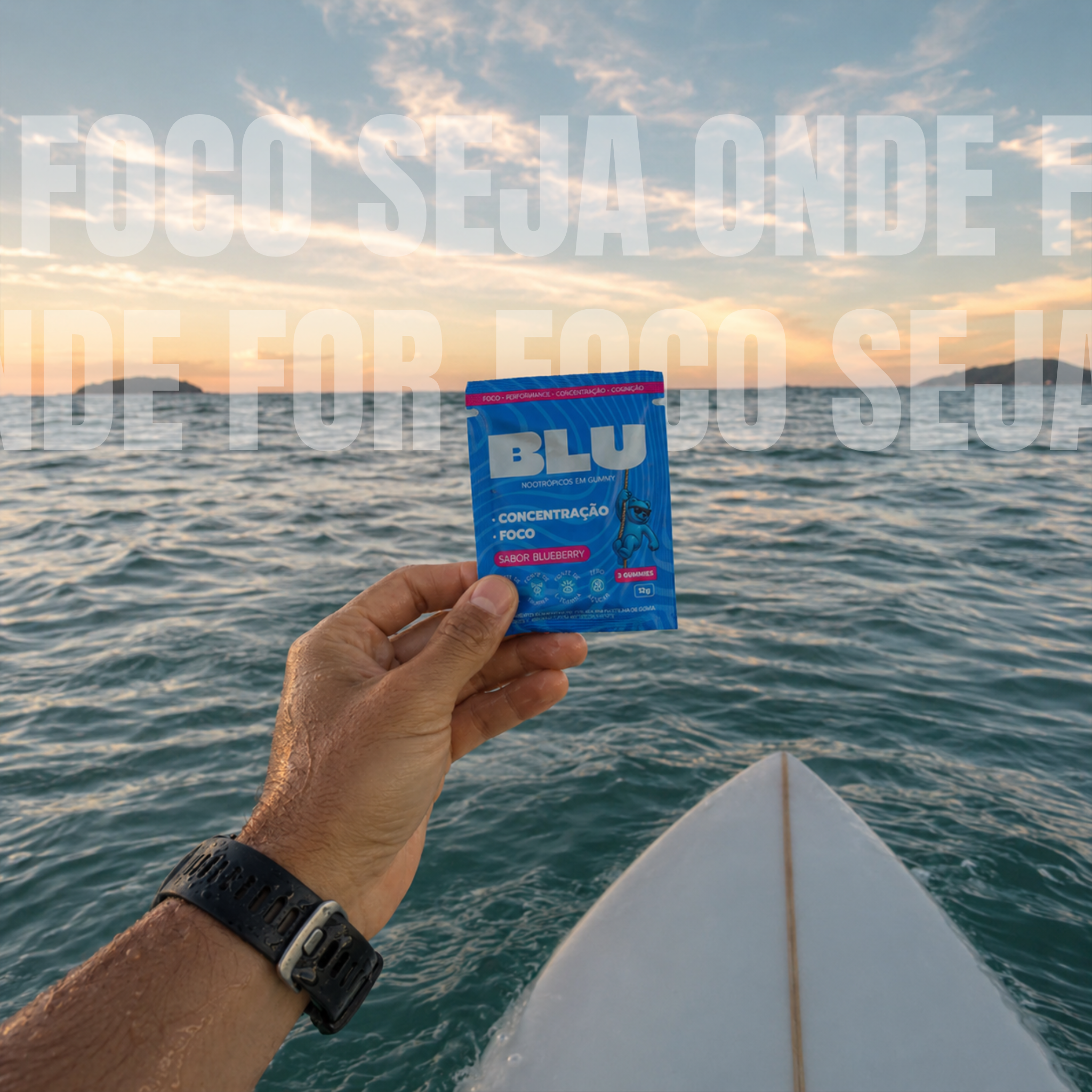 Surfista utilizando BLU para foco, concentração e produtividade
